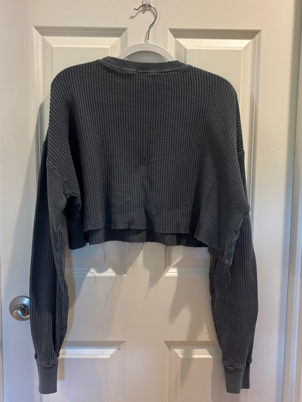 Brandy Melville Cropped Waffle-Knit Long Sleeve Top - Charcoal